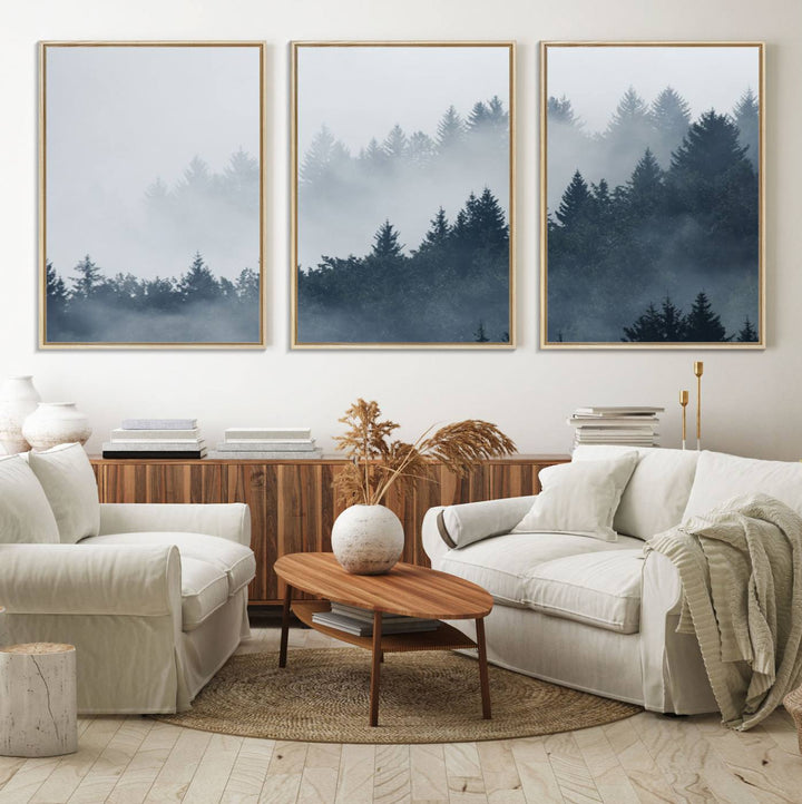 A large Foggy Pine Forest Wall Art Canvas Print.