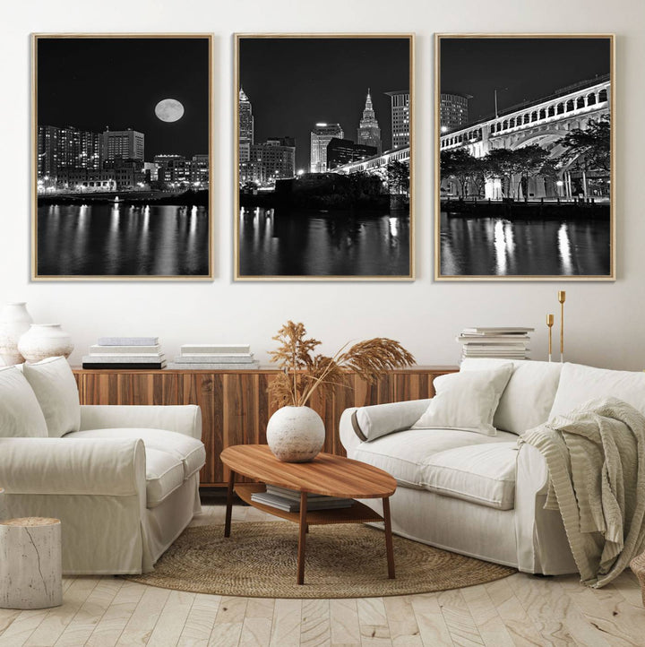 Cleveland Night Skyline Canvas Print: A museum-quality piece, ready to hang, featuring a stunning full moon and its reflections below.