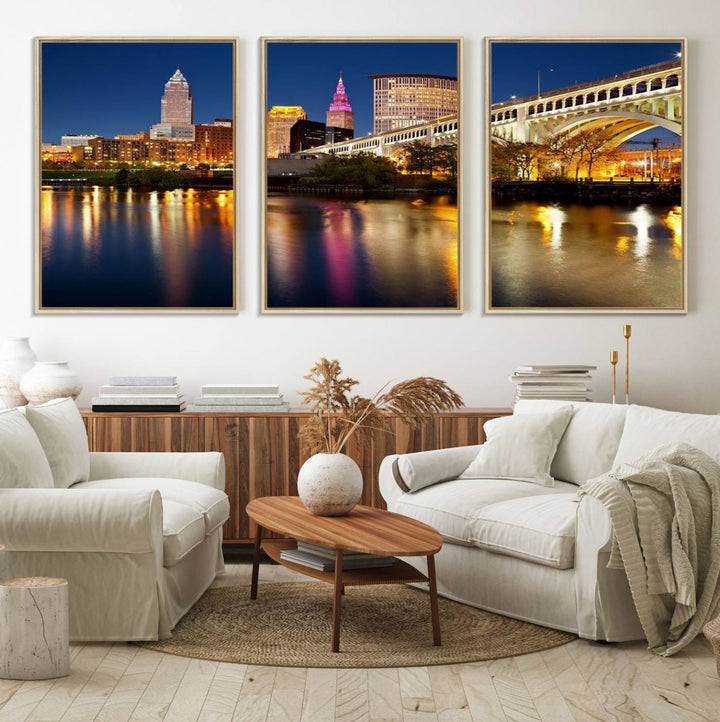 Cleveland Night Skyline Canvas: Cityscape with an illuminated bridge reflecting on calm water.