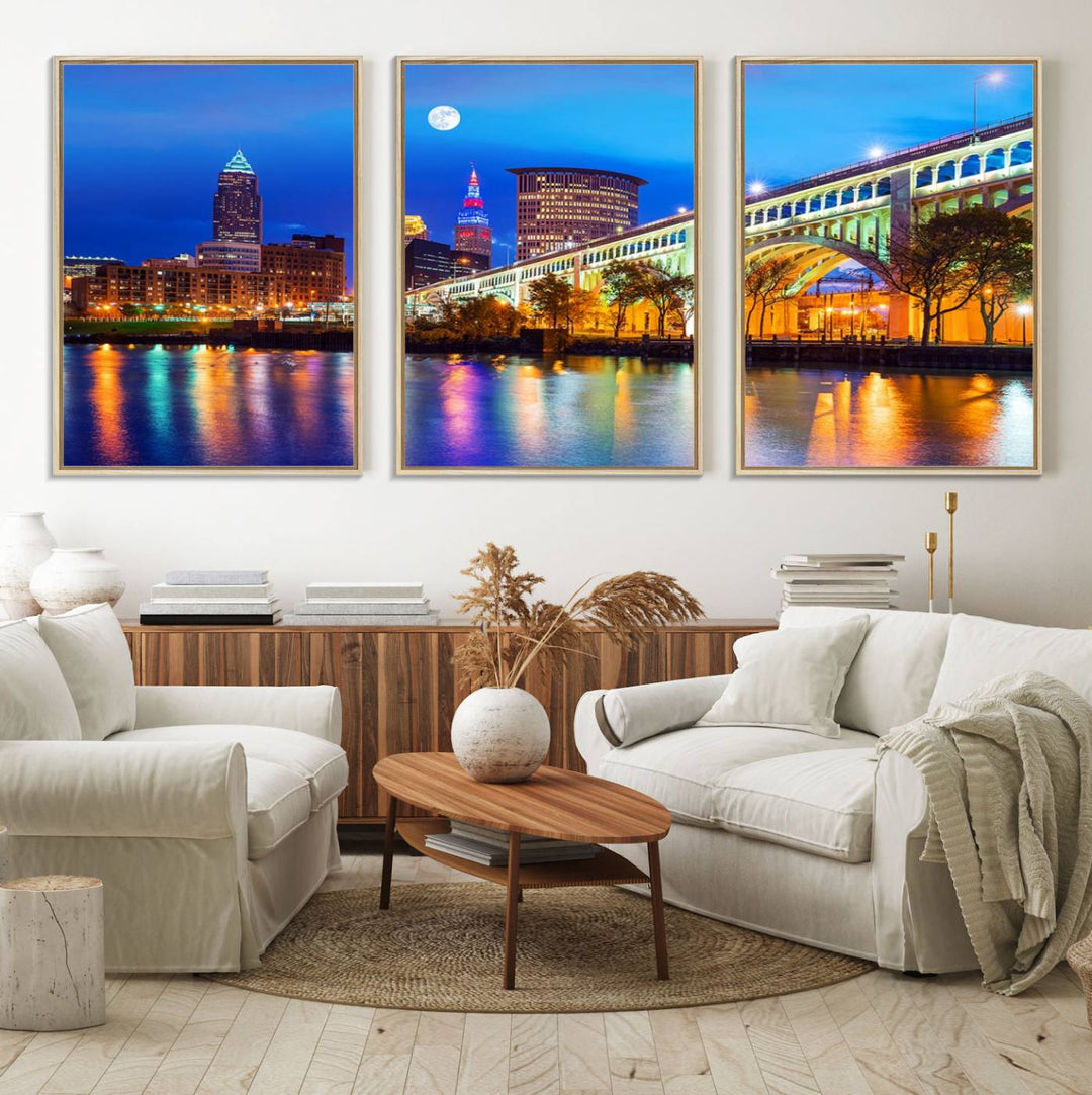 A Cleveland Night Skyline Wall Art on museum-quality canvas showcases a bridge and illuminated buildings.