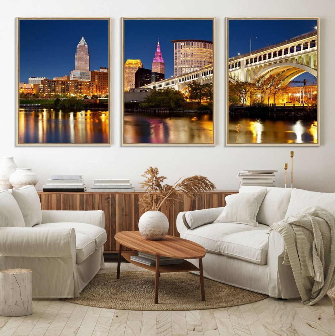 The Cleveland City Lights Canvas showcases a lit-up bridge and cityscape at night.