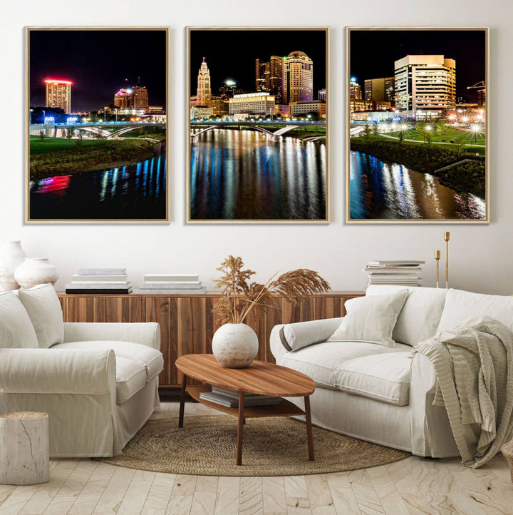 The Columbus City Lights Night Skyline Wall Art Canvas Print adorns the wall.