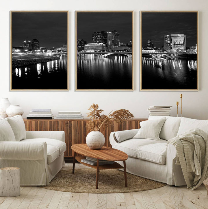 Columbus City Lights Skyline canvas print in black and white, featuring museum-quality craftsmanship and free shipping.