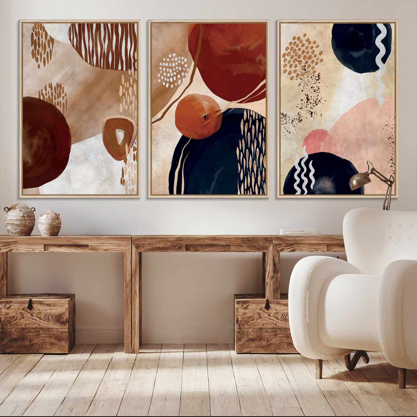 MGV-FC-60X30-3P - Boho Wall Art Canvas Print Set Mid-Century Prints Bohemian Wall Artwork Prints Boho Neutral