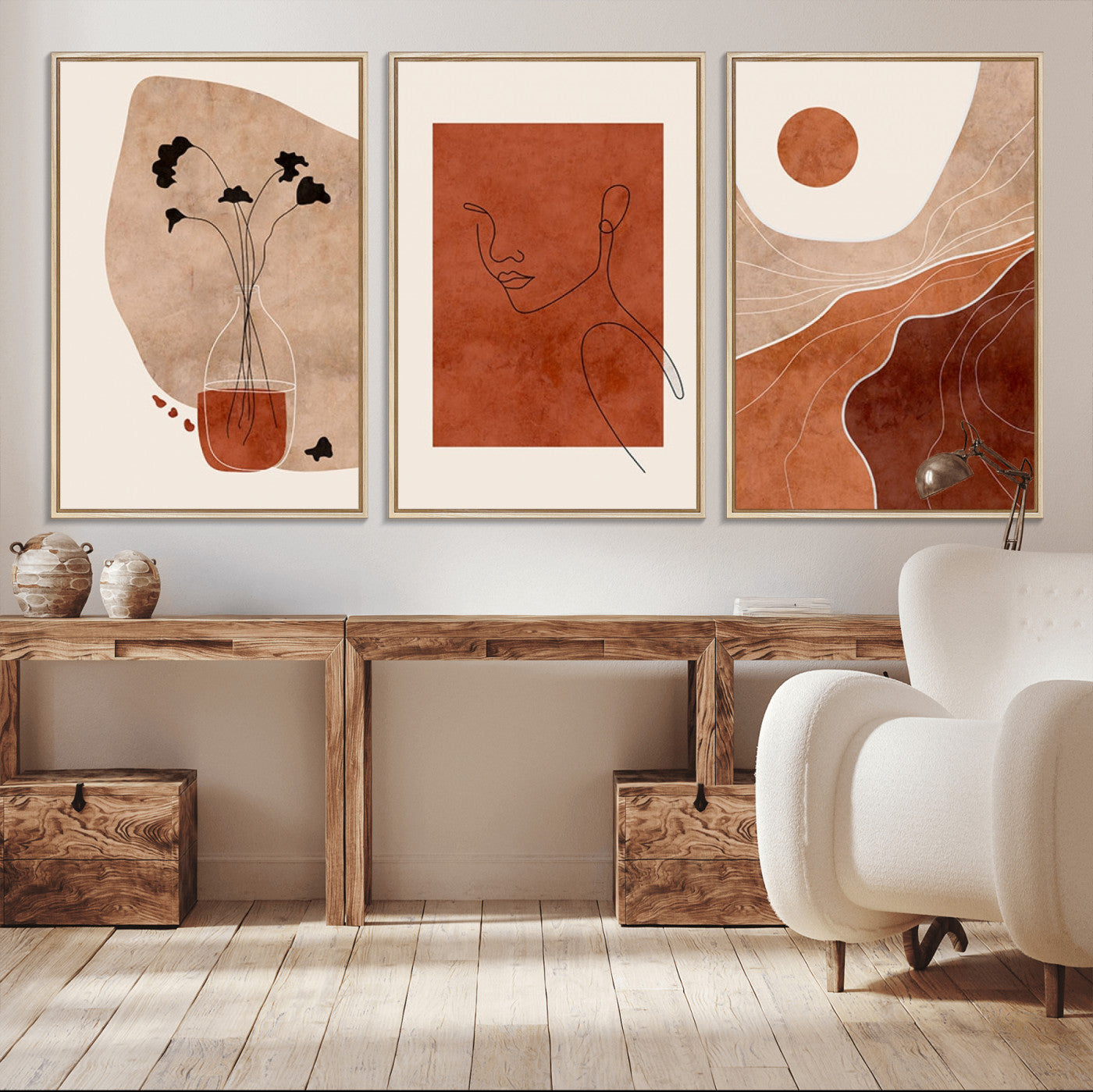 MGV-FC-60X30-3P - Boho Sunset Mountain Canvas Print, Modern Boho Sunset Mountain Landscape Triptych – Giclée Canvas