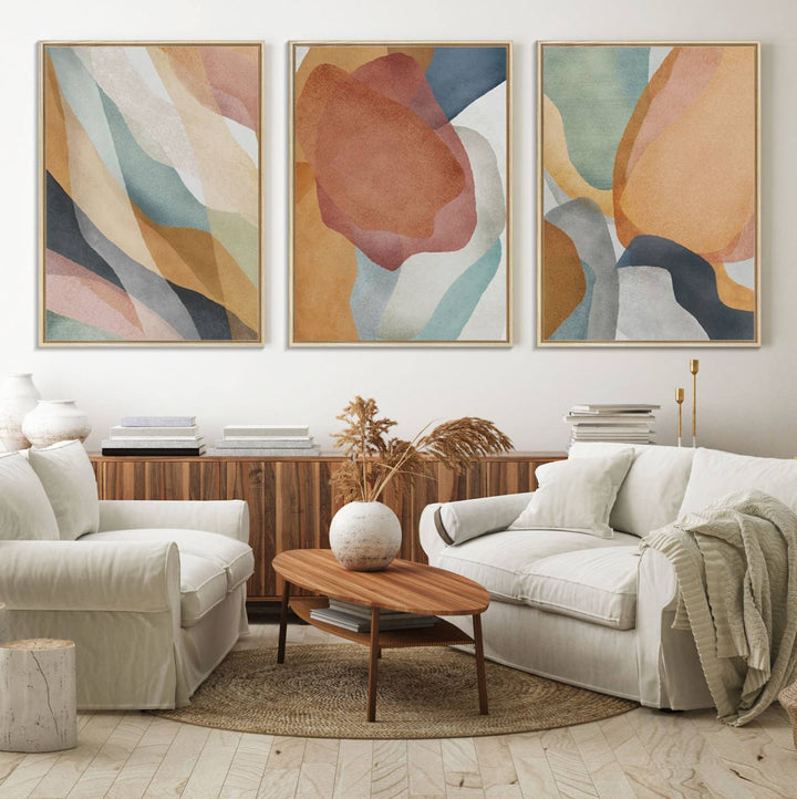 Boho Wall Art Canvas Print Set with warm earthy tones hangs prominently, showcasing its vibrant design.