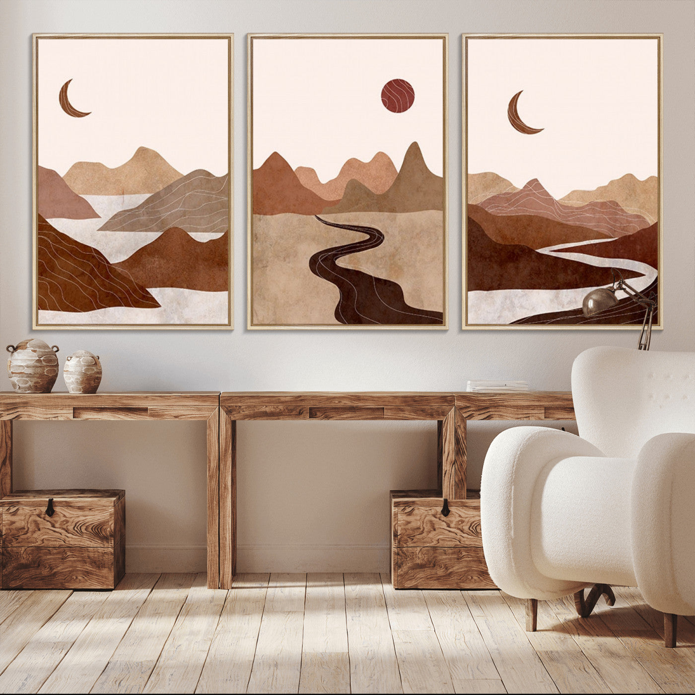 MGV-FC-60X30-3P - Boho Wall Art Canvas Print Set Mid-Century Prints Bohemian Wall Artwork Prints Boho Neutral