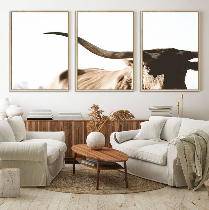 A 3-panel Texas Longhorn canvas adds a touch of rustic Western decor.