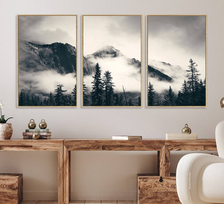 Forest Mountain Print - Black and White Canvas.