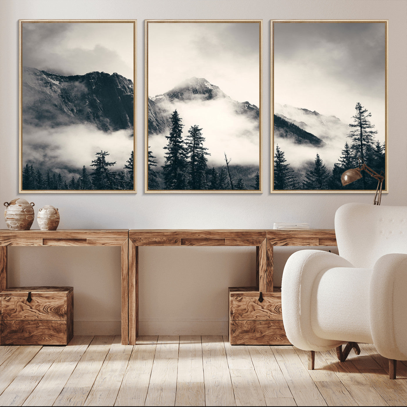 MGV-FC-60X30-3P - Large Foggy Mountain Forest Wall Art Canvas Print | Misty Mountain Peaks and Pine Trees Print |