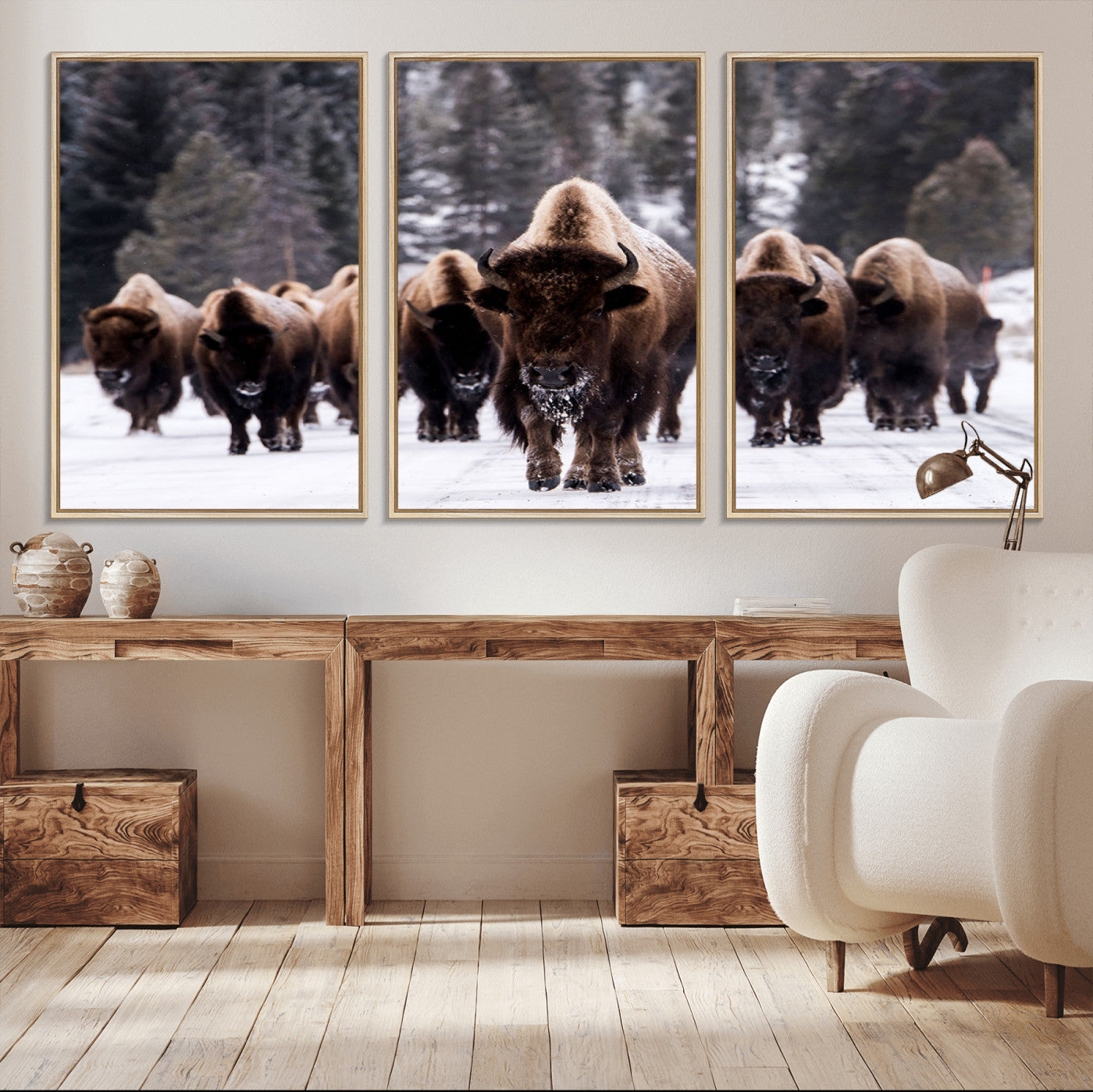 MGV-FC-60X30-3P - Bison Wall Art Canvas Print- Bison Herd Canvas Wall Art – Majestic Wildlife Photography – Framed and
