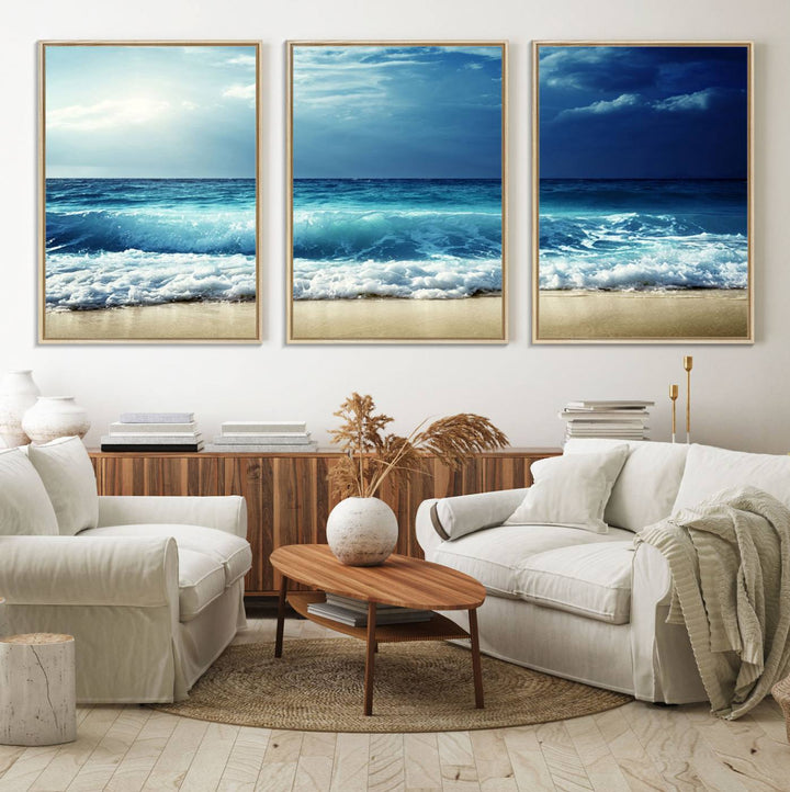 The Majestic Ocean Wave Wall Art Canvas, a 3-panel seascape print, is featured prominently.