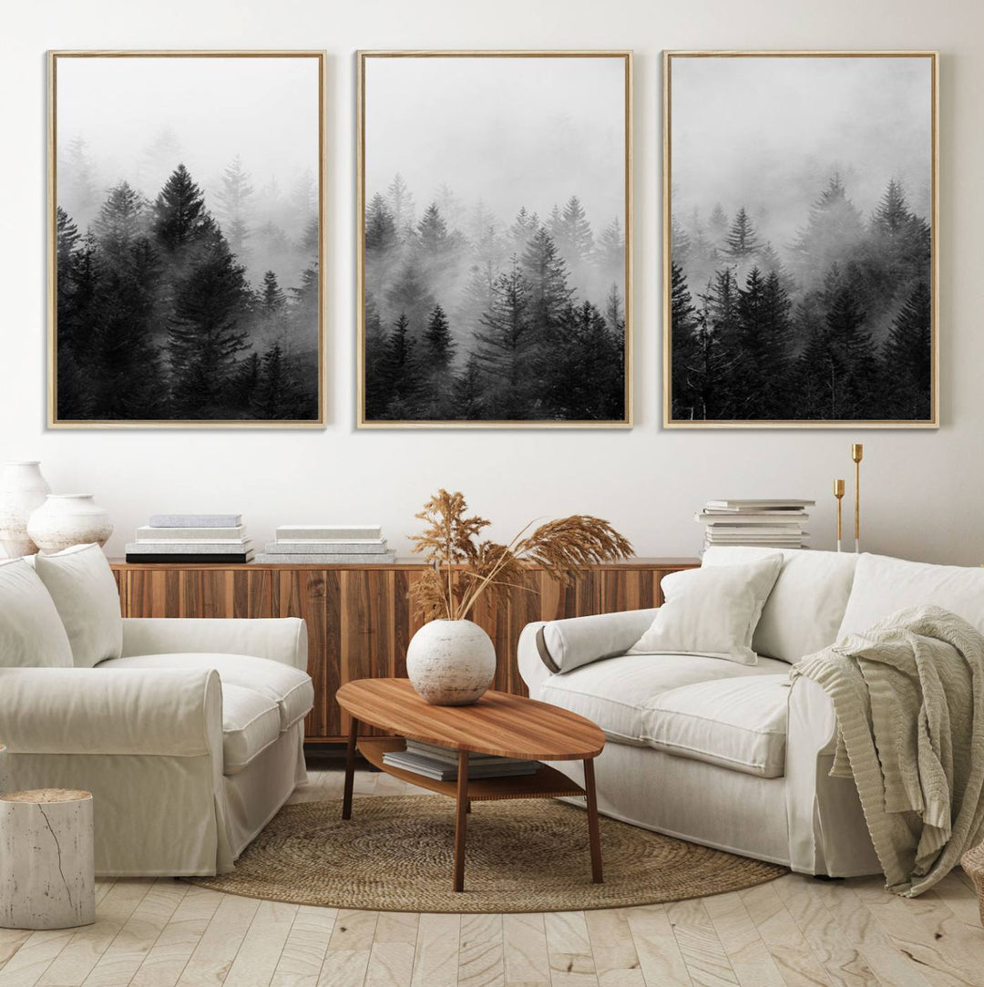 The Foggy B&W Forest Wall Art, featuring pine trees, enhances the minimalist kitchen ambiance.