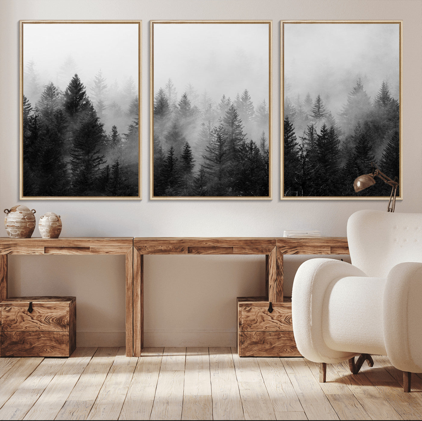 MGV-FC-60X30-3P - Foggy Black and White Forest Canvas Wall Art, 3 Panel Misty Pine Trees Canvas Print for Living Room,