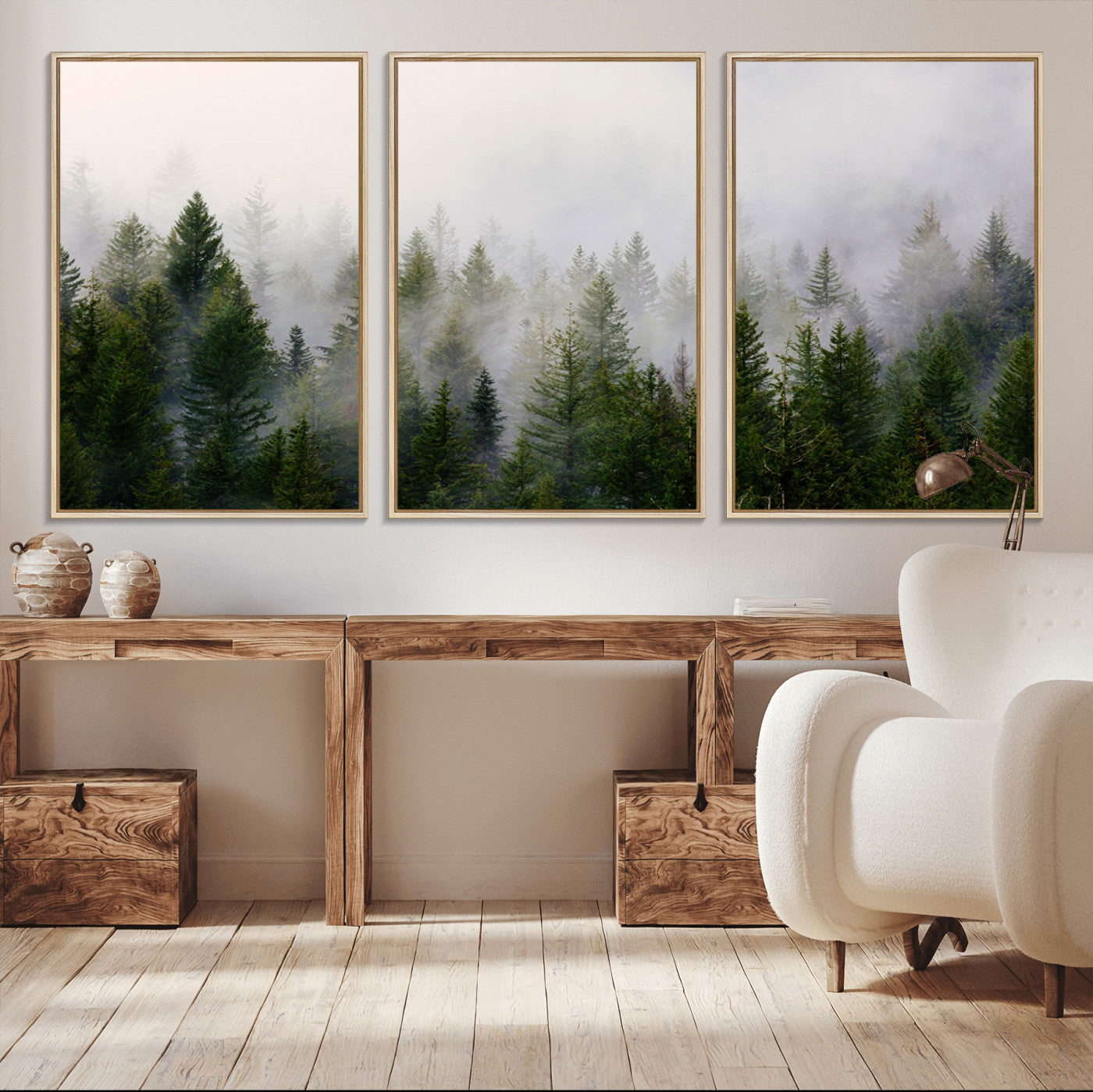 MGV-FC-60X30-3P - Misty Pine Forest Wall Art Canvas Print | 3 Panel Green Woodland Canvas Print for Living Room, Office, or Dining Room | Nature Foggy Forest Decor