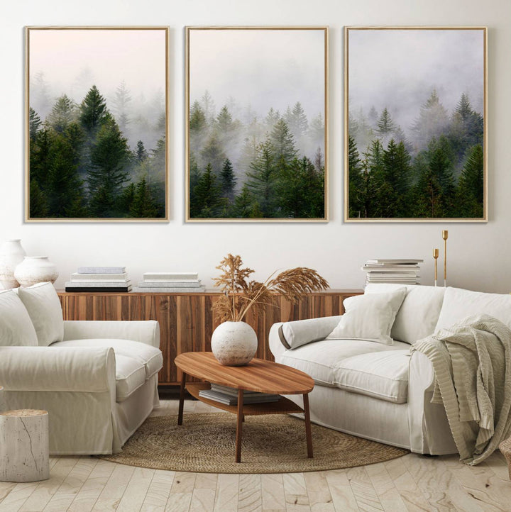 Misty Pine Forest Canvas Print serves as a foggy forest decor piece in the kitchen.