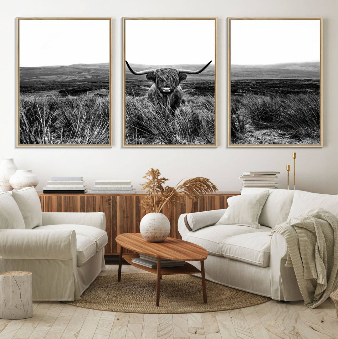 Dining room featuring a Black and White Highland Cow Canvas for a Western-themed decor.