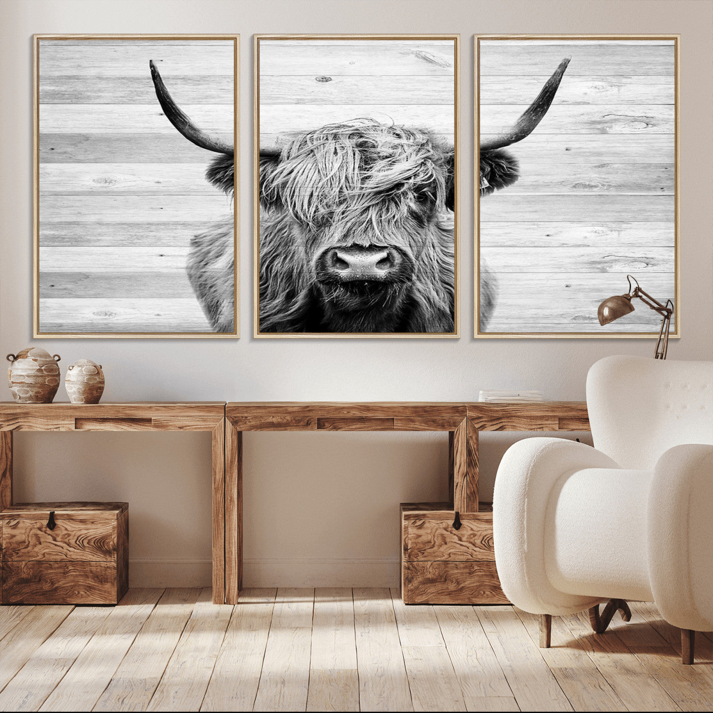14634-MGV-CV-36X24-Scottish Highland Cow Cattle Art Print on Wood Background Style, Scottish Highland Cow Wall Art