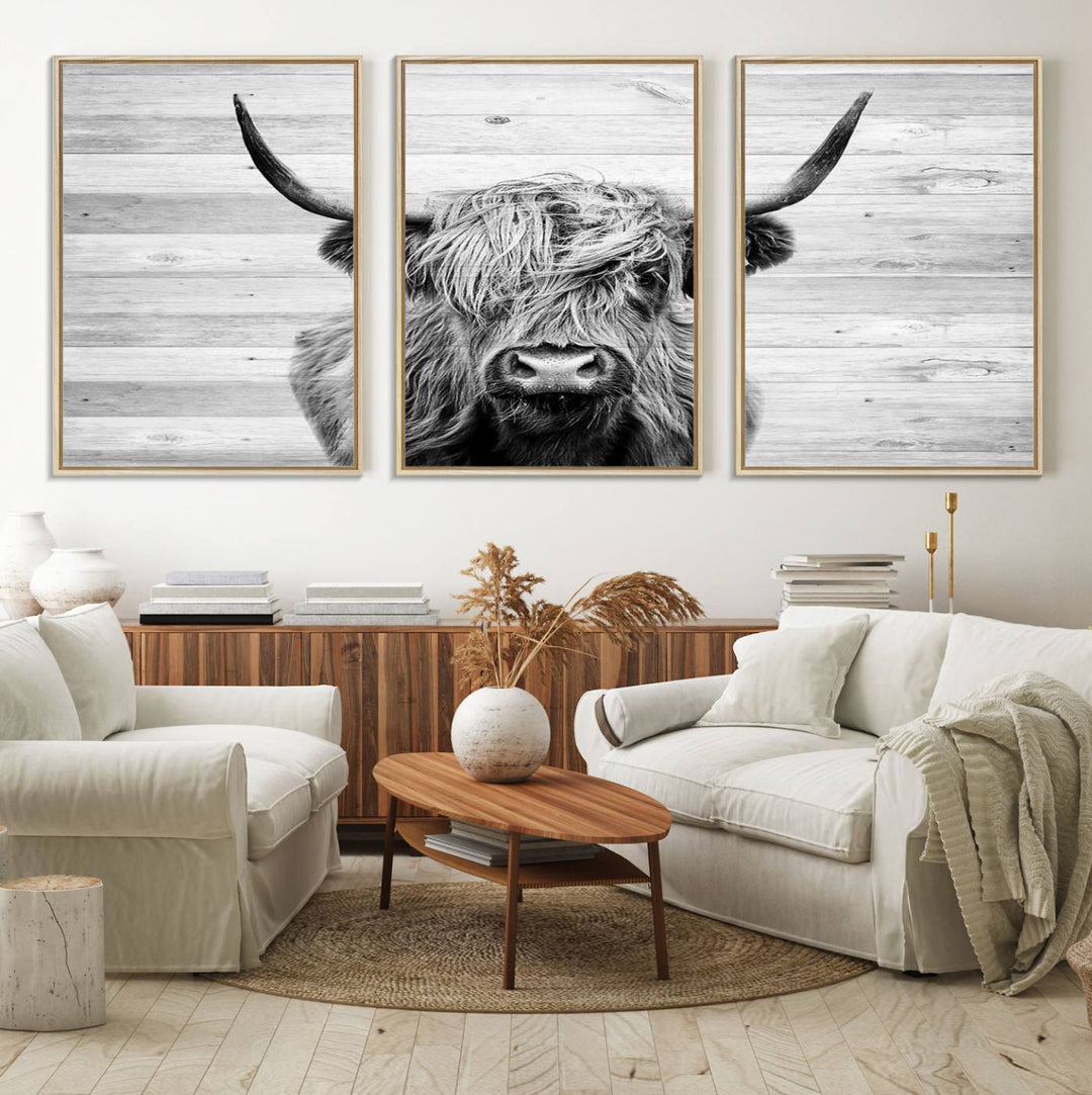 Scottish Highland Cow Cattle Art adds rustic farmhouse charm to the space.