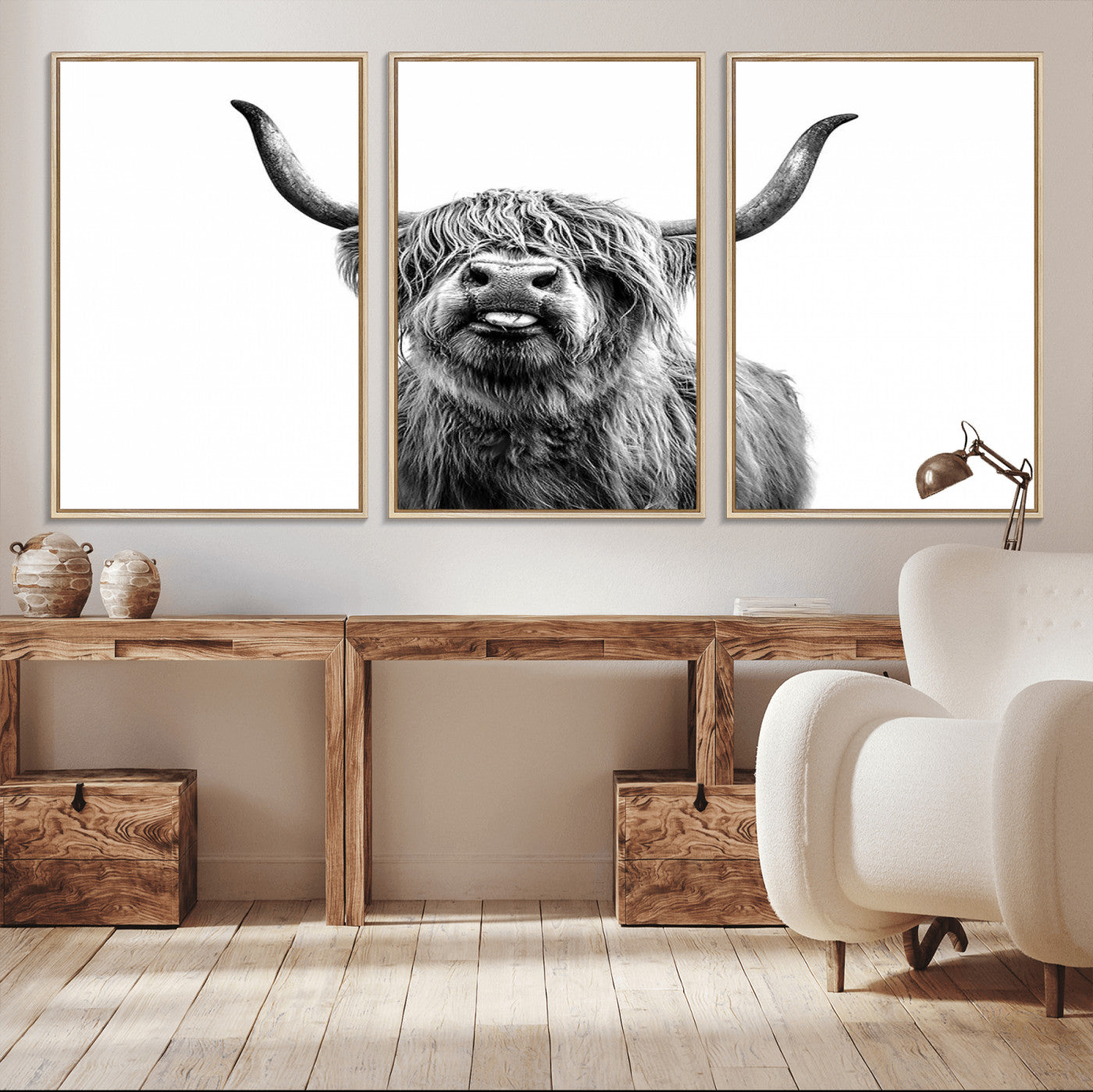 MGV-FC-60X30-3P - Fanny Scottish Highland Cow Cattle Art Print Farmhouse Wall Art Canvas Print