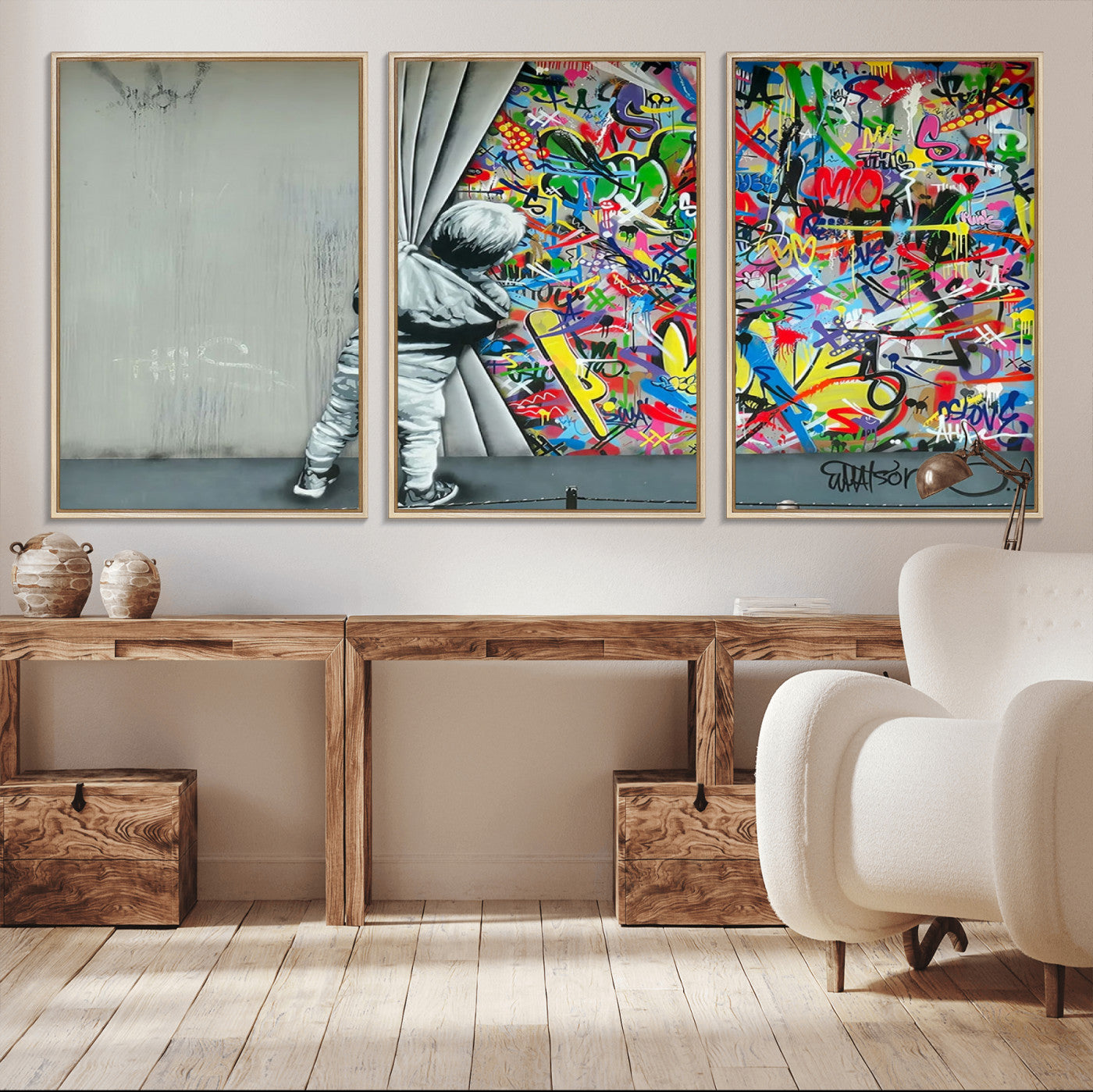 51713-MGV-FC-60X30-3P_Natural-Banksy Colorful Street Graffiti Canvas Wall Art Print, Modern Art Triptych, Child and Graffiti Wall,