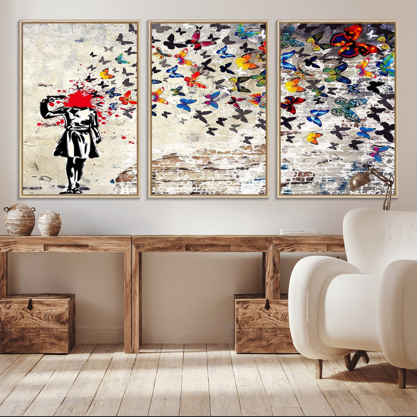 MGV-FC-60X30-3P - Banksy Art Butterfly Girl Explosion Canvas Art – Vibrant Urban Graffiti for Modern Interiors - Ready