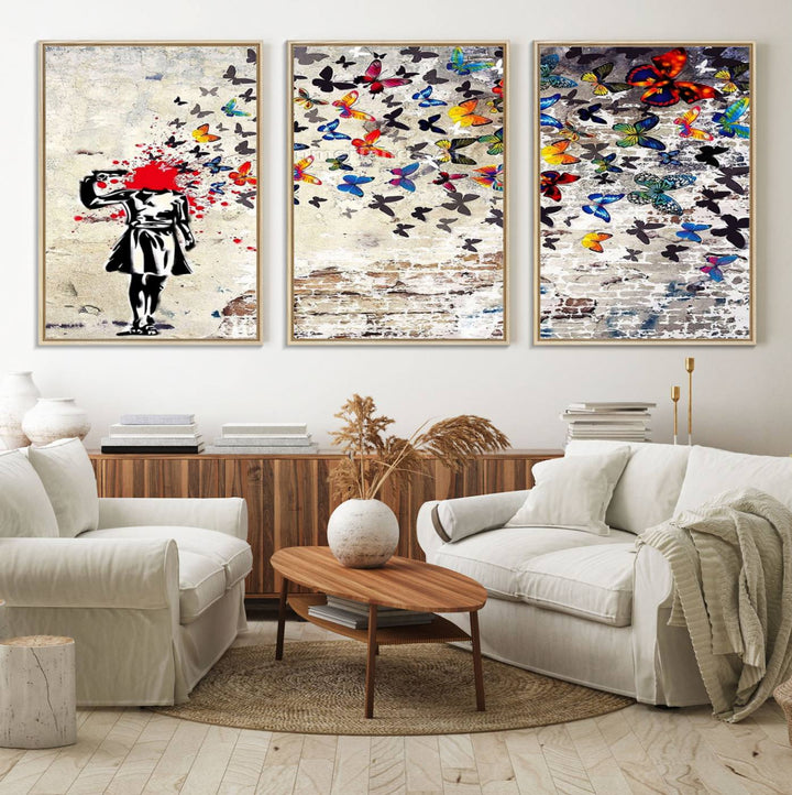 Banksy Art Butterfly Girl Explosion: Vibrant urban graffiti canvas for modern interiors, ready to hang.