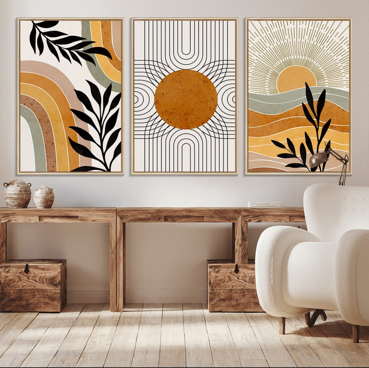 54028-MGV-CV-36X24-Modern Boho Sun and Leaf Abstract Art – 3-Panel Giclée Canvas for Mid-Century Modern or Bohemian