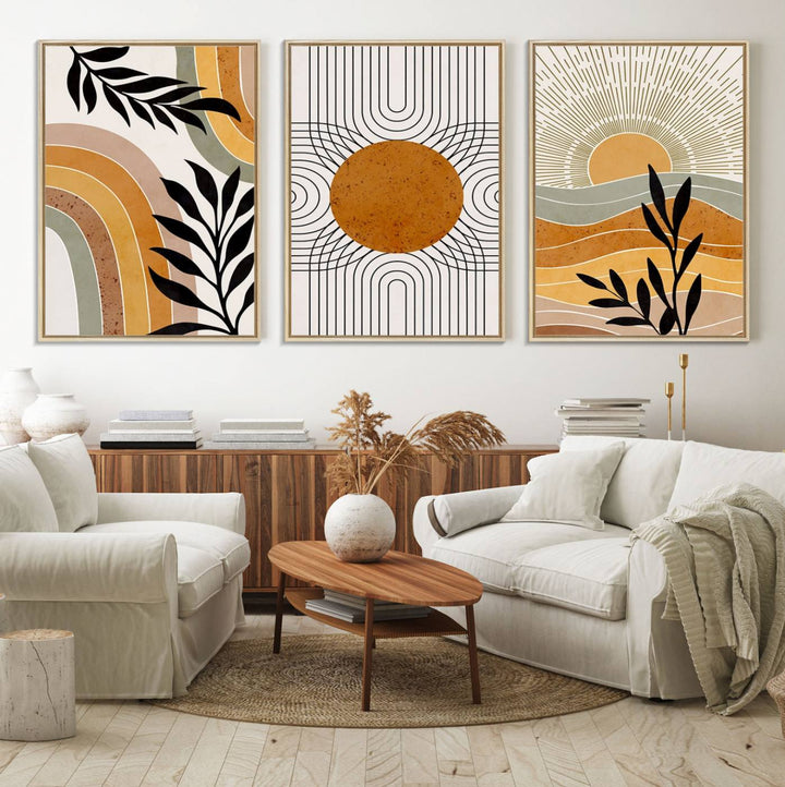 The Modern Boho Sun and Leaf giclée canvas is a 3-panel piece designed for mid-century or bohemian decor.