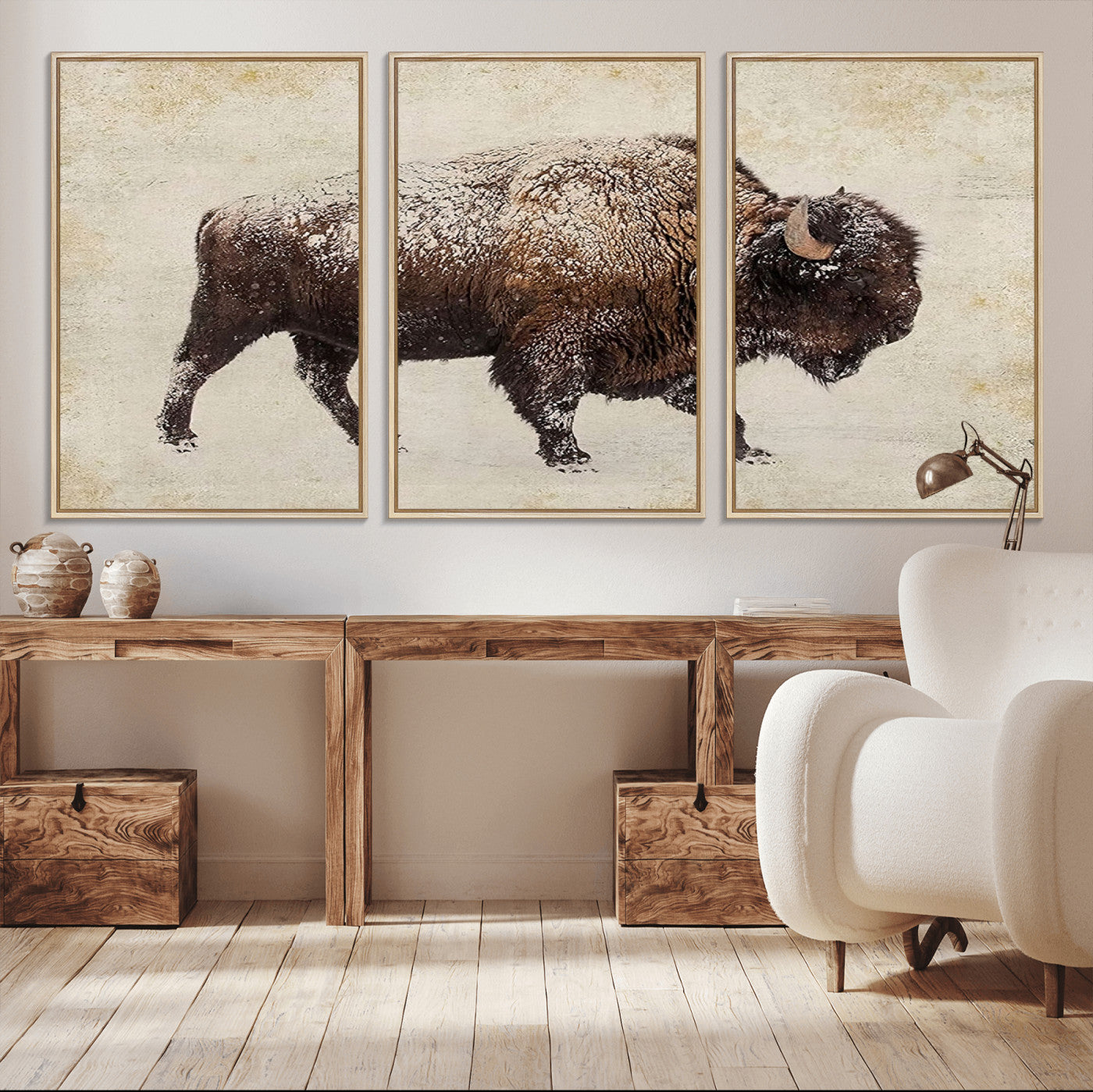 MGV-FC-60X30-3P - Buffalo Wall Art, Western Bison Canvas Print, Rustic Buffalo Art for Cowboy Western Decor, Large Multi-Panel Giclee Canvas for Farmhouse Wall Decor