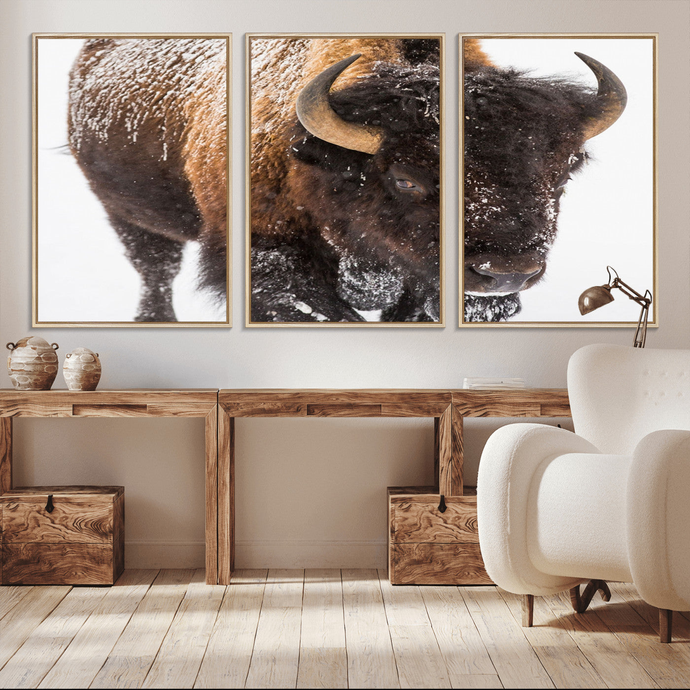 MGV-FC-60X30-3P - Bison Wall Art Canvas Print For Farmhouse, Wild Animal Wall Art
