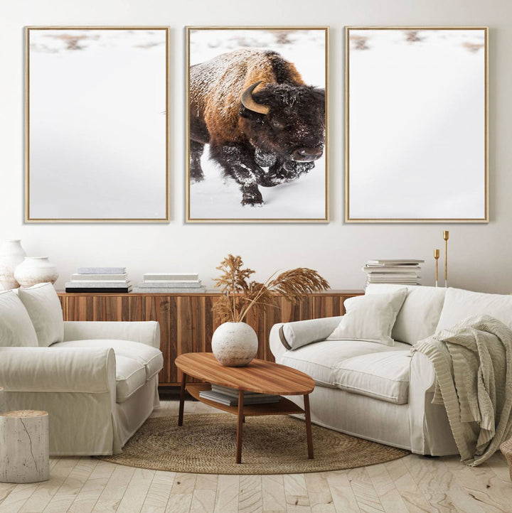 Bison Winter Wall Art Canvas Print for farmhouse decor.