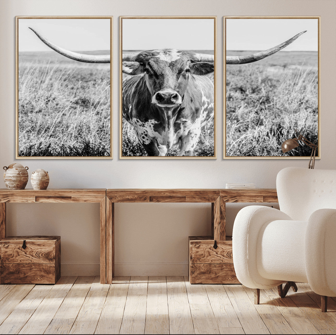 MGV-FC-60X30-3P - Texas Cow Longhorn Wall Art Canvas Print for Farm House Wall Decor, Farmhouse Wall Art Print