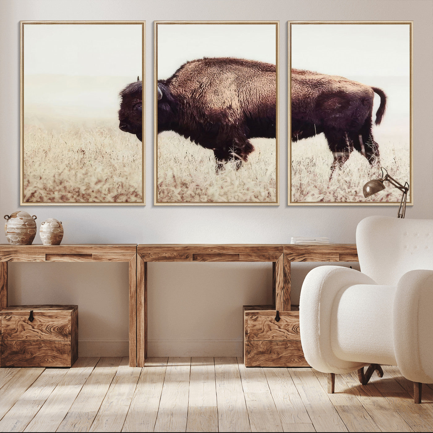 MGV-FC-60X30-3P - Bison in Field Wall Art Canvas Print For Farmhouse Barn Decor