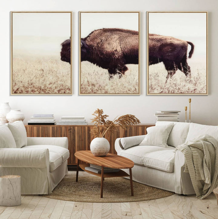 The dining room showcases the Bison in Field canvas print.