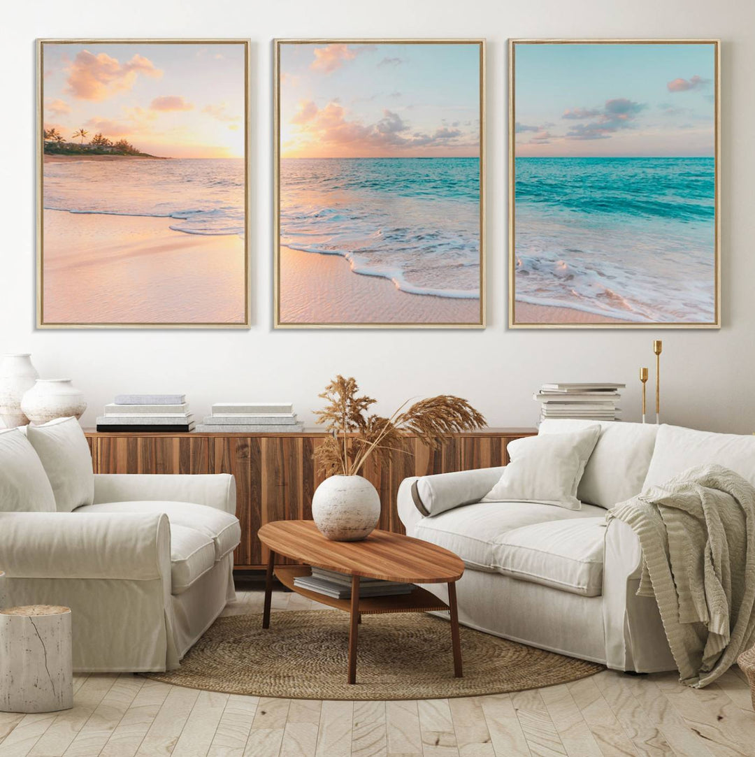 The kitchen features the Beach Sunrise Wall Art, Coastal Sunset Beach Scene.