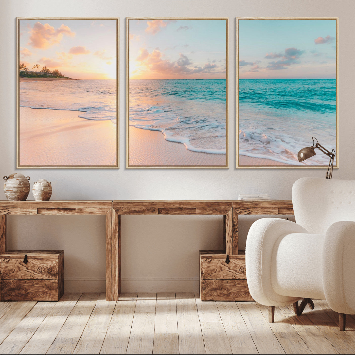 MGV-FC-60X30-3P - Beach Sunrise Wall Art, Coastal Seascape Canvas Print, Ocean Wave Multi-Panel Giclee, Coastal Sunset