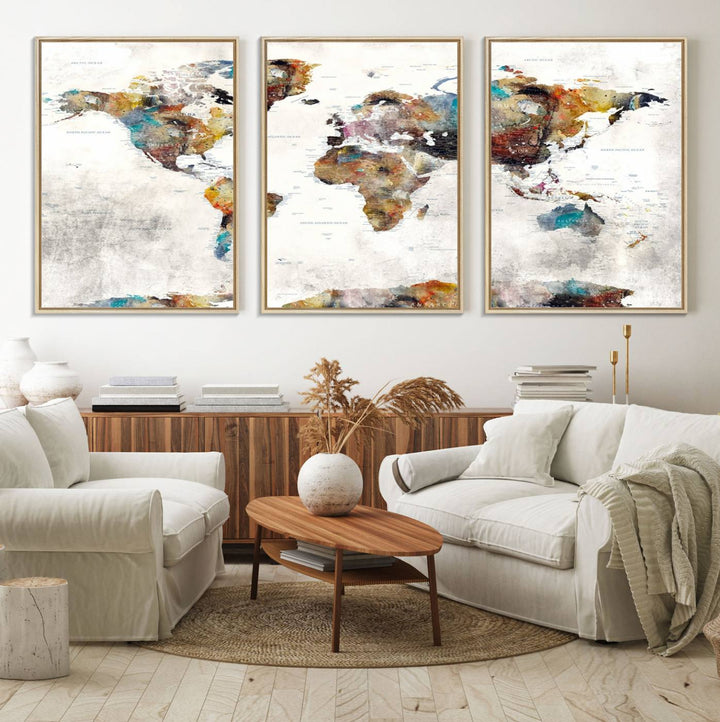 The Colorful World Map Wall Art Canvas Print adds vibrance to the space, ideal for geography lovers.