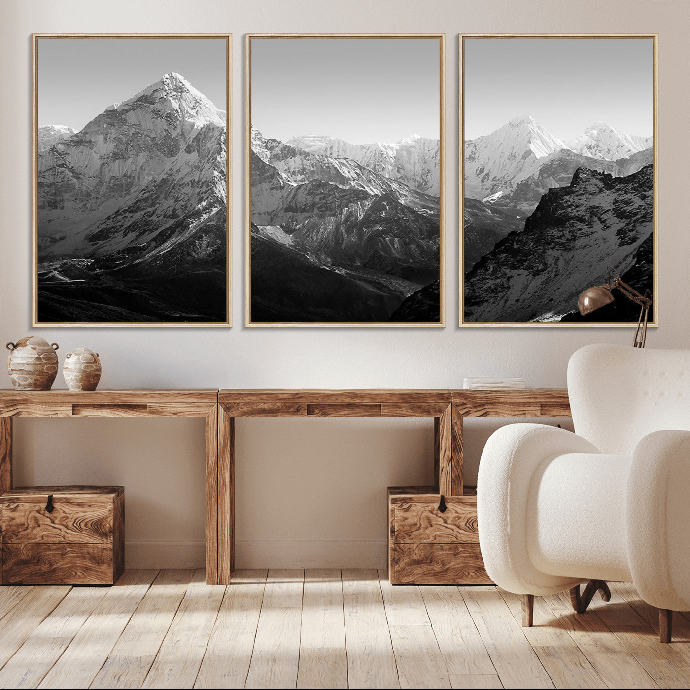 MGV-FC-60X30-3P - Everest Himalaya Mountain Peaks Black & White Triptych Canvas Art – Mountain Wall Decor, Everest