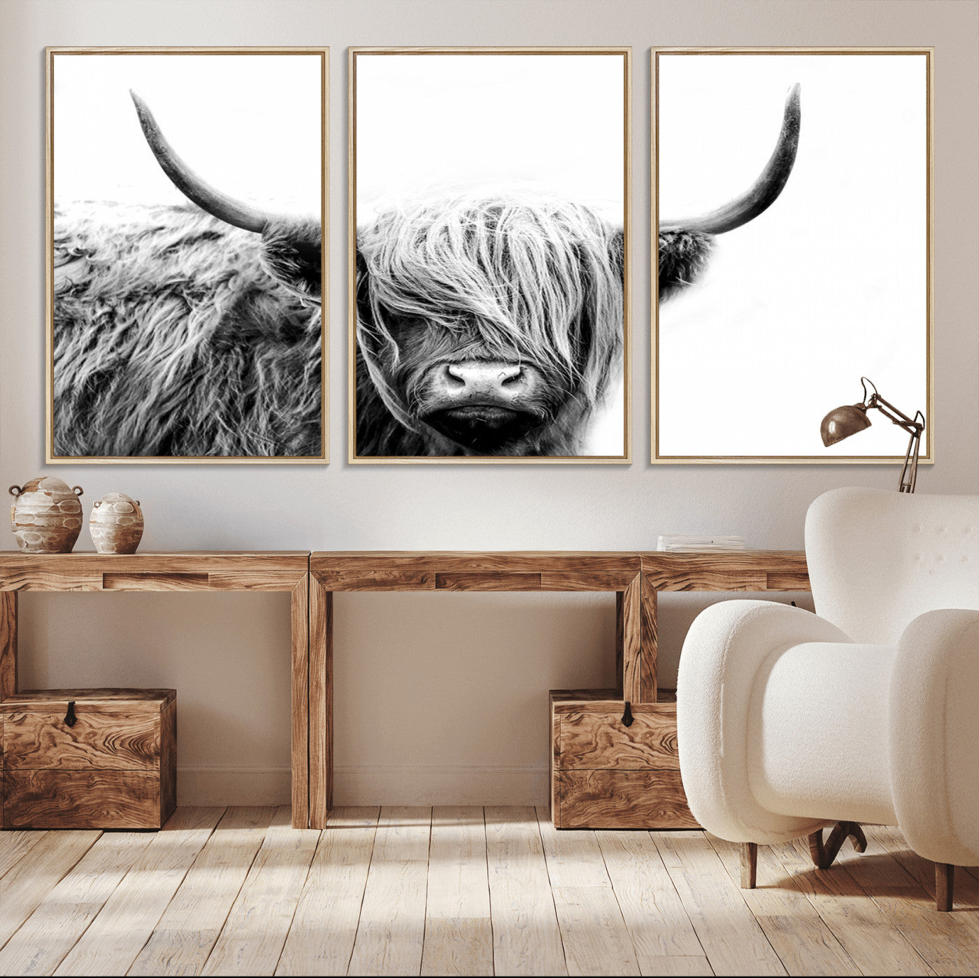 MGV-FC-60X30-3P - Black White Scottish Highland Cow Cattle Art Print Farmhouse Wall Art Canvas Print