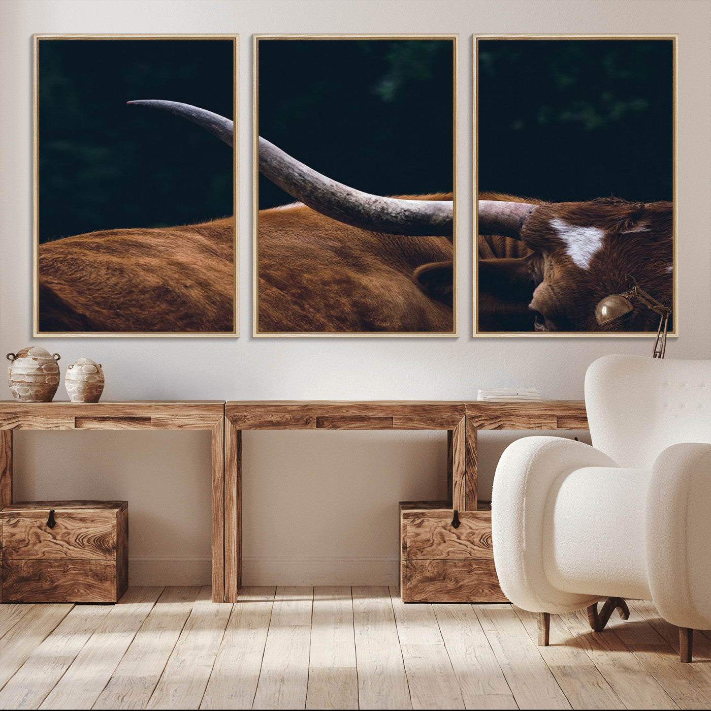 MGV-FC-60X30-3P - Texas Longhorn Bull Wall Art Canvas Print - Large Framed Canvas Wall Art, Animal Print for Rustic Home or Office Décor, Farmhouse Cabin Wall Decor