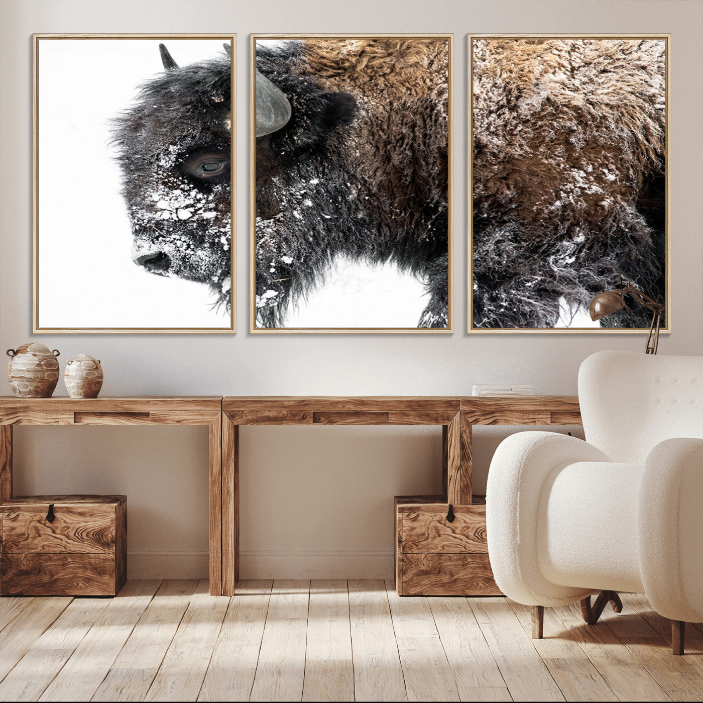 MGV-FC-60X30-3P - American Bison Wall Art Print | Buffalo Canvas Wall Art |  Framed and Ready to Hang Bison Print for
