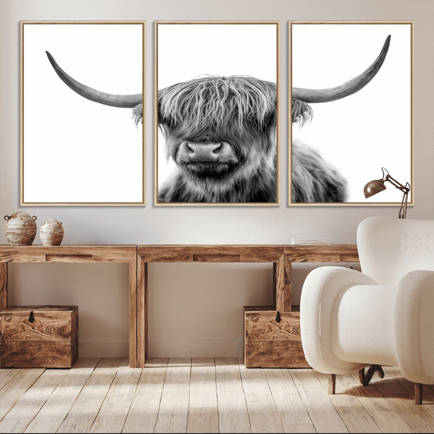 -Grayscale Scottish Highland Cow Cattle Art Print Farmhouse Wall Art Canvas Print