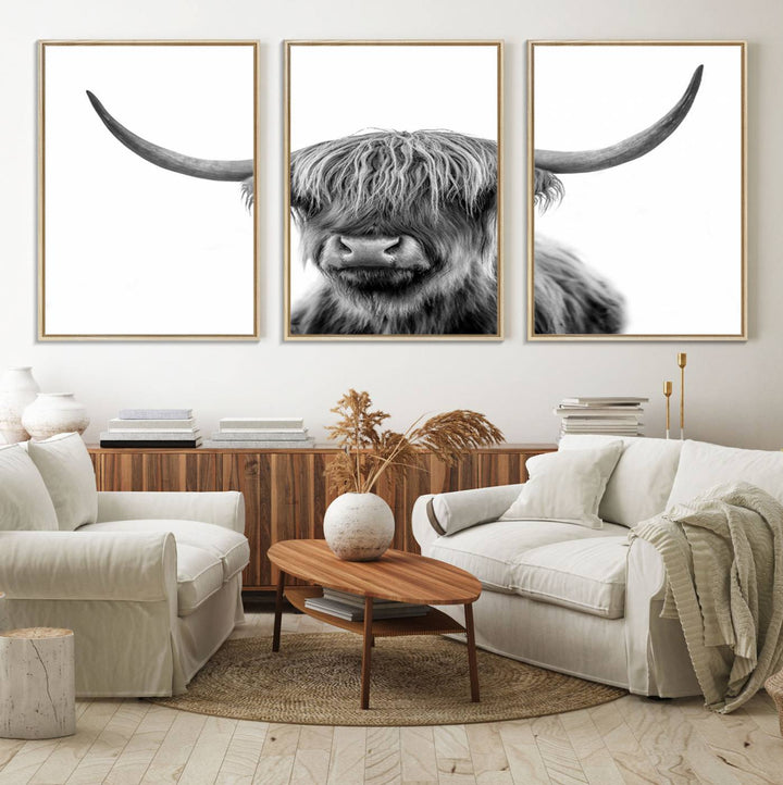 The Grayscale Scottish Highland Cow canvas is a museum-quality piece perfect for your dining room. Enjoy free shipping on this stunning artwork!.