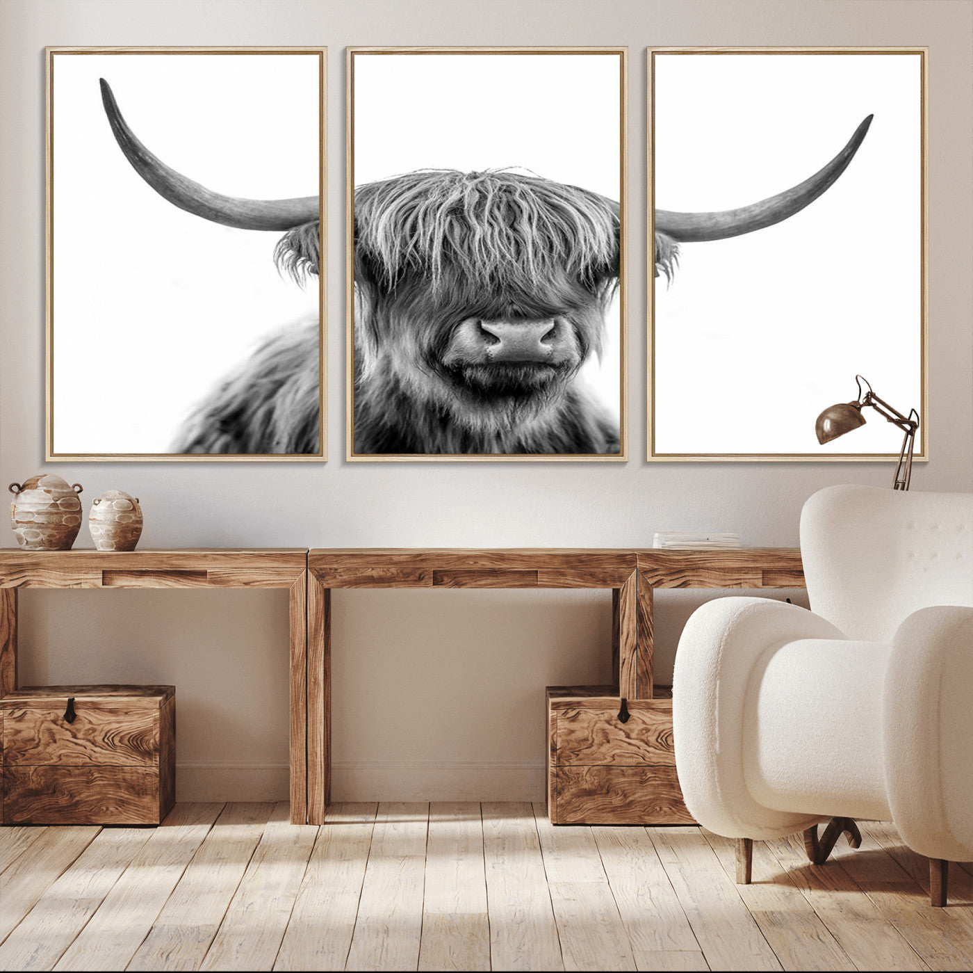 -Scottish Highland Cow Cattle Art Print Wall Art Canvas Print for Farmhouse Decor, Framed Scottish