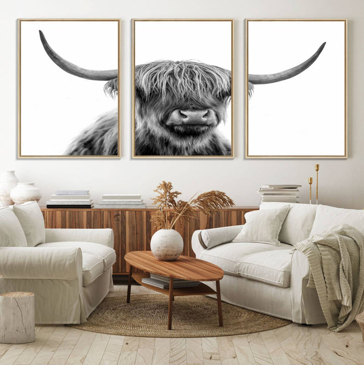 A Scottish Highland Cow Art Canvas adds charm to the farmhouse decor.