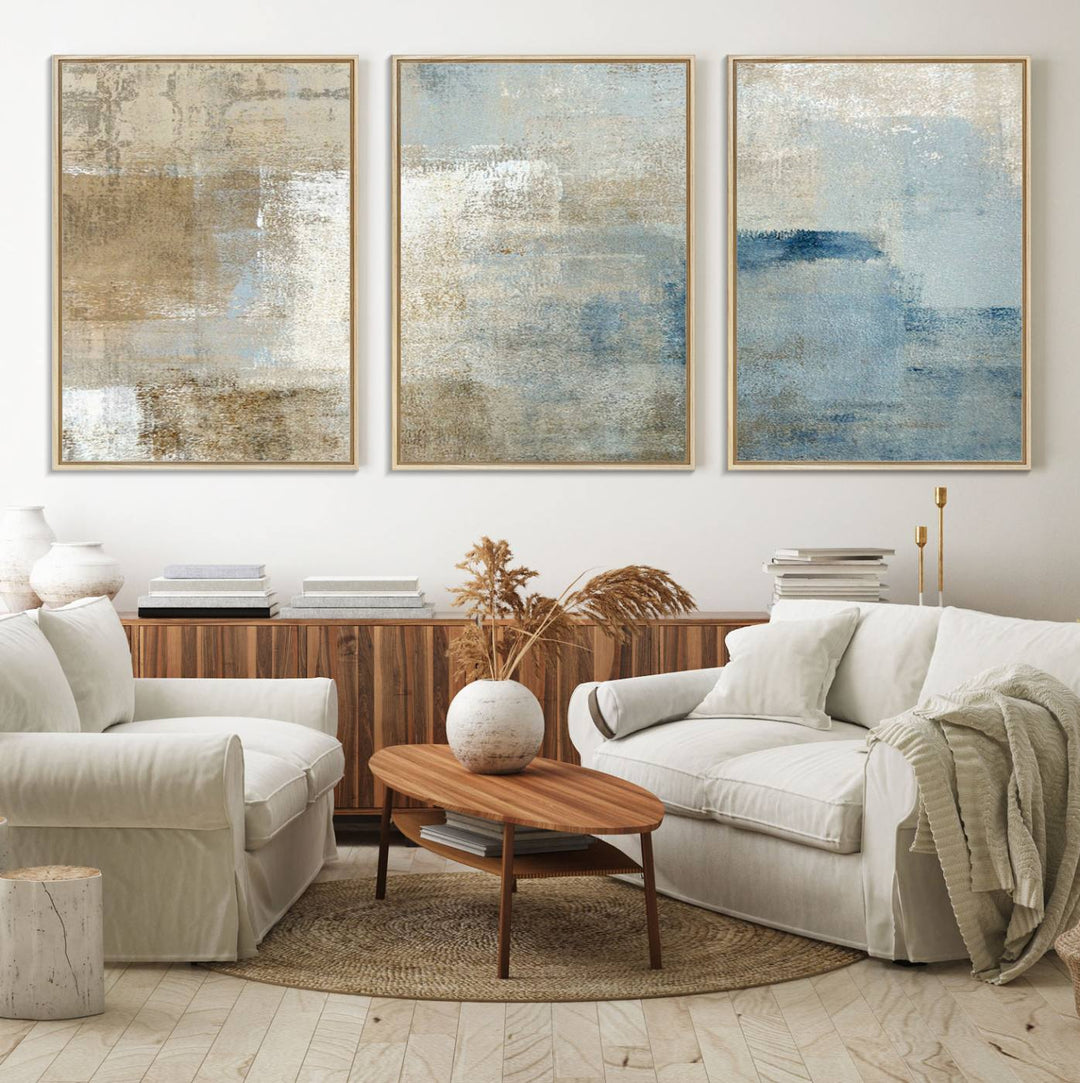 Abstract Blue and Beige Wall Art canvas print set with a modern minimalist aesthetic.