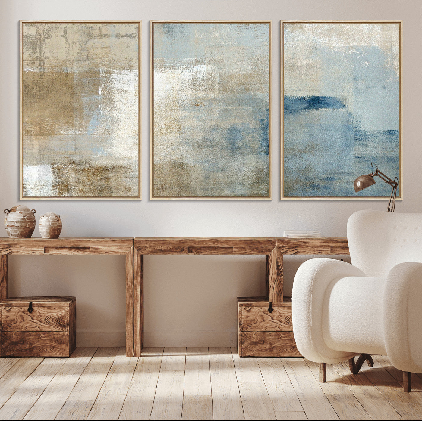 MGV-FC-60X30-3P - Abstract Blue and Beige Wall Art, Modern Minimalist Canvas Print Set, Giclee Textured Art, Large