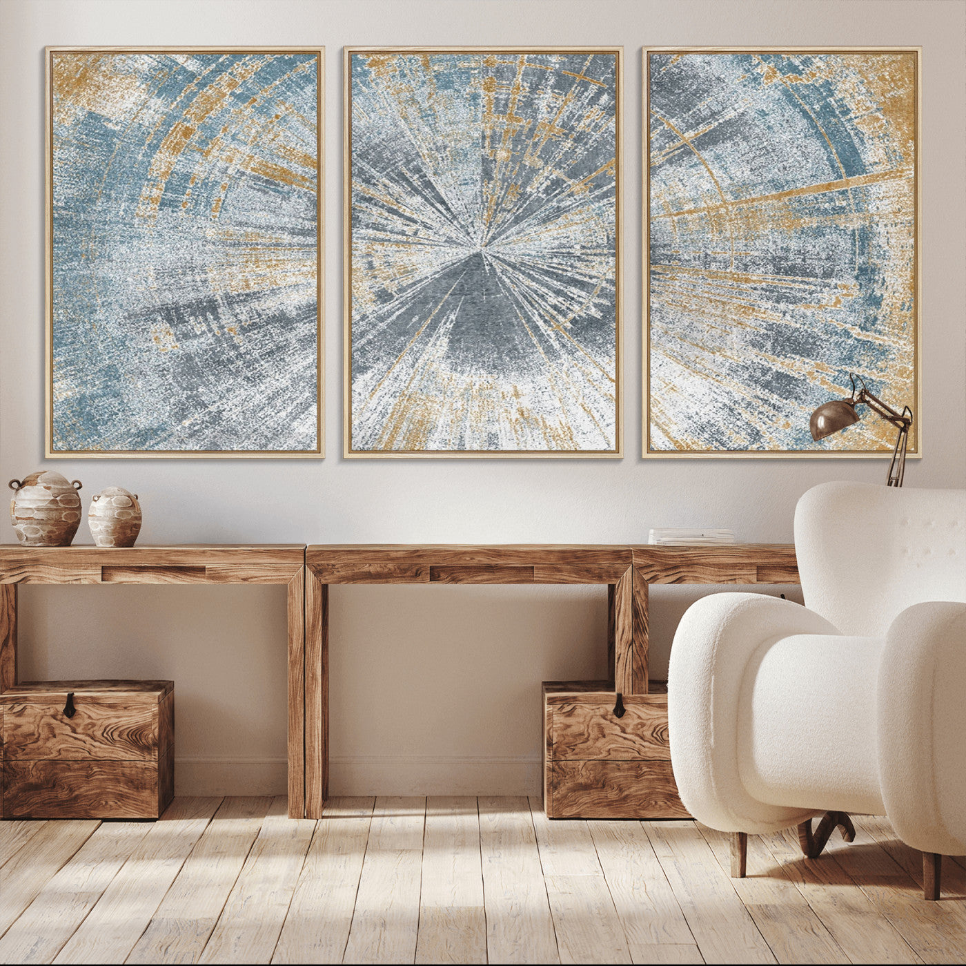 17631-MGV-CV-36X24-Radiant Abstract Wood Rings Canvas Art – Modern Triptych Wall Decor for Living Room or Farmhouse