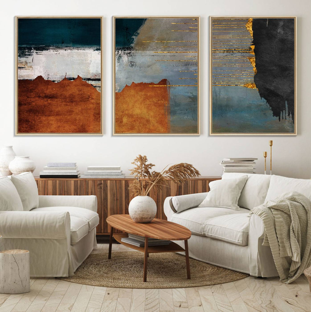 Modern Abstract Canvas Art decorates the wall.